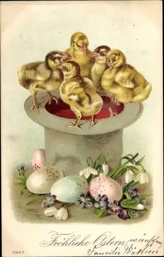 Litho Glückwunsch Ostern, Küken auf einem Zylinder, Ostereier, Schneeglöckchen