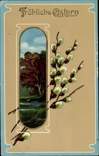 Präge Litho Glückwunsch Ostern, Landschaft, Weidenkätzchen