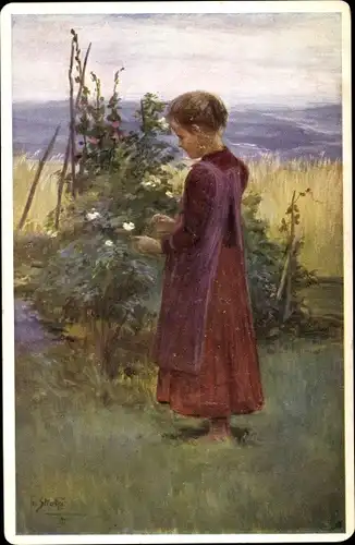 Künstler Ak Straka, Josef, Bei den Heckenrosen, Mädchen