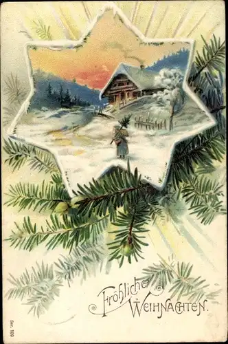 Litho Glückwunsch Weihnachten, Weihnachtsmann mit Tannenbaum, Winterlandschaft