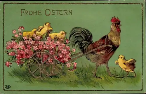 Präge Litho Glückwunsch Ostern, Hahn zieht Karren mit Blumen und Küken