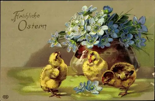 Litho Glückwunsch Ostern, Küken und blaue Blüten in einer Vase