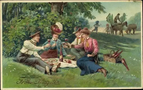 Präge Litho Glückwunsch Pfingsten, Männer und Frauen beim Picknick auf einer Wiese