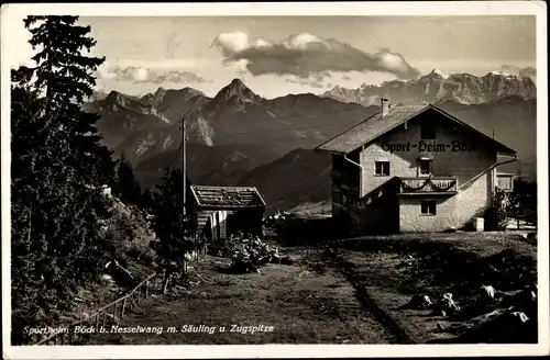 Ak Nesselwang im Allgäu, Sportheim Böck mit Säuling und Zugspitze