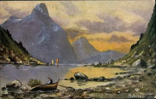 Künstler Ak Landschaft mit Ruderboot am Ufer, Gebirge