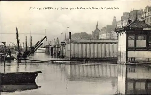 Ak Rouen Seine Maritime, La Crue de la Seine, Le Quai de Paris, 1910