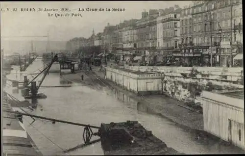 Ak Rouen Seine Maritime, La Crue de la Seine, Le Quai de Paris