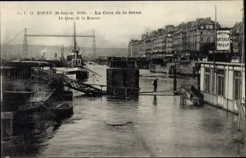 Ak Rouen Seine Maritime, La Crue de la Seine, Le Quai de la Bourse