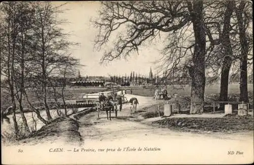 Ak Caen Calvados, La Prairie, vue prise de l'Ecole de Natation