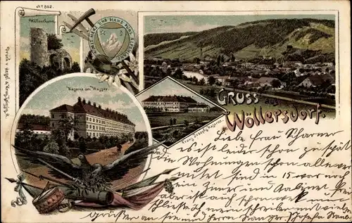 Litho Wöllersdorf im Piestingtal Niederösterreich, Franz Josef Kaserne, Blick auf den Ort