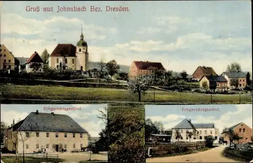 Ak Johnsbach Glashütte im Osterzgebirge, Erbgerichtsgasthof, Blick auf den Ort