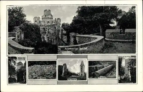 Litho Auerbach Bensheim an der Bergstraße in Hessen, Schloss, Melibokus Turm, Ruine