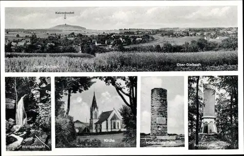 Ak Oberdielbach Waldbrunn im Odenwald, Panorama, Katzenbuckel, Kirche, Hindenburg Turm