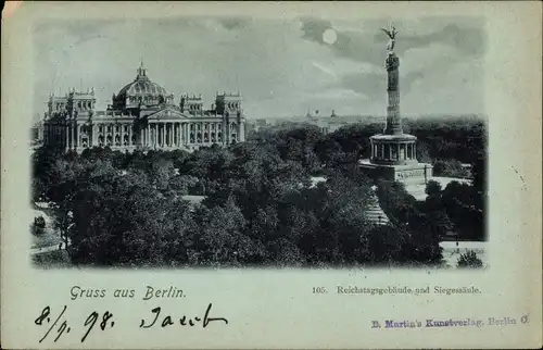 Mondschein Ak Berlin Tiergarten, Siegessäule, Reichstagsgebäude