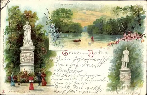 Litho Berlin Tiergarten, Denkmal der Königin Luise, Neuer See, Friedrich Wilhelm