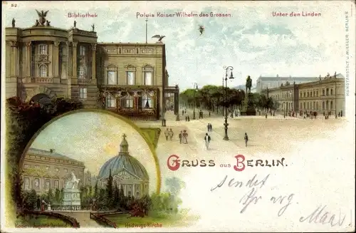 Litho Berlin Mitte, Unter den Linden, Bibliothek, Hedwigskirche, Palais Kaiser Wilhelm d. Großen