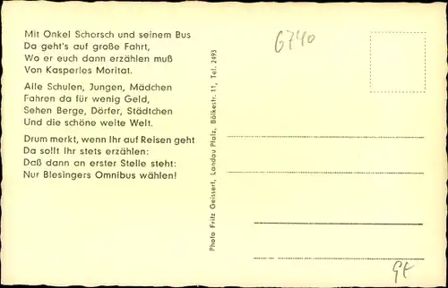Ak Landau in der Pfalz, Omnibus Reiseverkehr Gg. Blesinger, Gedicht