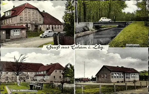 Ak Echem in der Lüneburger Heide, Kirche, Nacks Gasthaus, Lehr u. Versuchsanstalt, Bruchwetter