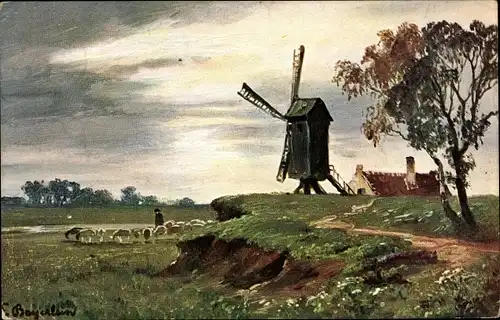 Künstler Ak Landschaft mit Windmühle und Schafherde