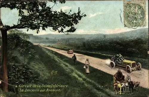Ak Seine Maritime, Circuit de la Seine Inferieure, la descente sur Ancourt, Hundekutsche, Auto