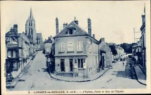 Ak Lorrez le Bocage Seine et Marne, L'Eglise, Poste, Rue de l'Eglise