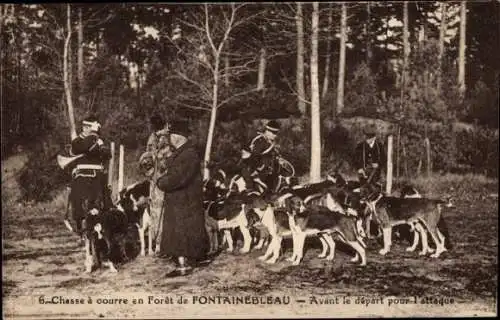 Ak Fontainebleau Seine et Marne, Chasse a courre en Foret, Avant le depart pour l'attaque