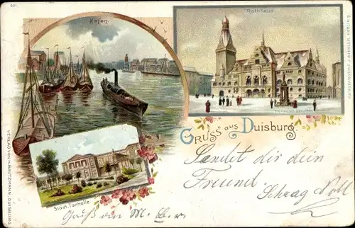 Litho Duisburg im Ruhrgebiet, Rathaus, Hafen, Städtische Tonhalle