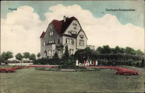 Ak Herne im Ruhrgebiet, Stadtparkrestaurant, Gartenpartie