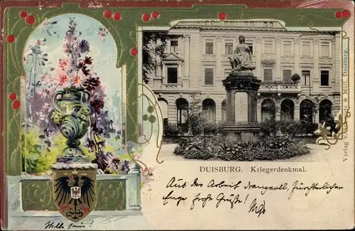 Präge Wappen Ak Duisburg im Ruhrgebiet, Kriegerdenkmal