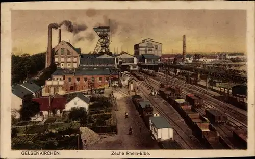 Ak Gelsenkirchen im Ruhrgebiet, Zeche Rhein Elbe, Bahnhof, Gleisseite