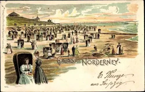 Litho Norderney in Ostfriesland, Strandpartie