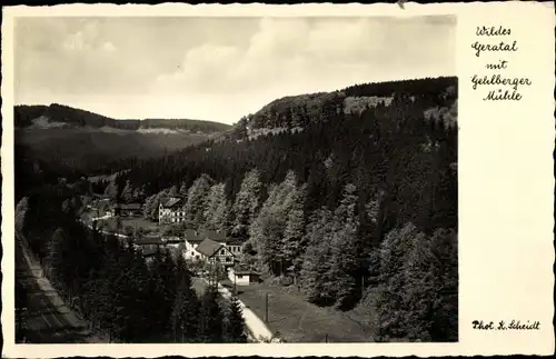 Ak Gehlberg Suhl Thüringen, Blick ins Wilde Geratal mit Mühle, Wald