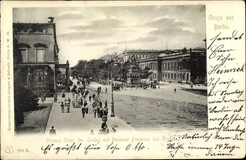 Ak Berlin Mitte, Unter den Linden mit Denkmal Friedrich des Großen