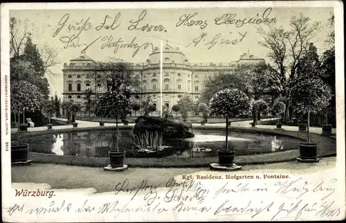 Ak Würzburg am Main Unterfranken, Kgl. Residenz, Hofgarten u. Fontaine