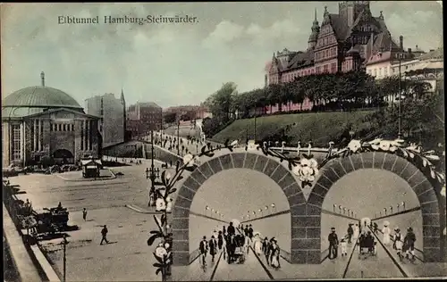 Ak Hamburg Mitte Steinwerder, Blick auf den Elbtunnel, Eingang, Passanten