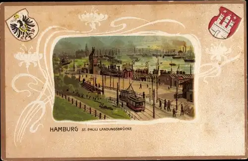 Präge Wappen Passepartout Litho Hamburg Mitte St. Pauli, Landungsbrücke, Straßenbahn, Hafen