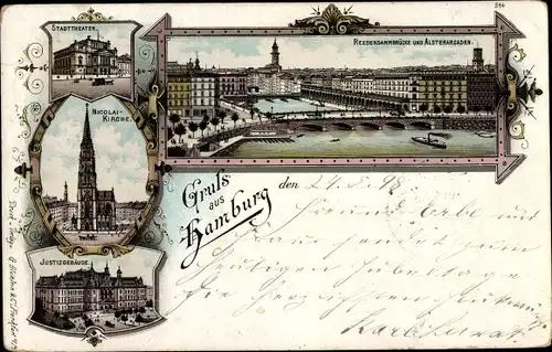 Litho Hamburg, Stadttheater, Nicolaikirche, Justizgebäude, Reesendammbrücke