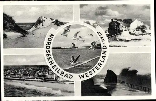 Ak Westerland auf Sylt, Inselbahn, Möwen, Dünen, Sturmflut