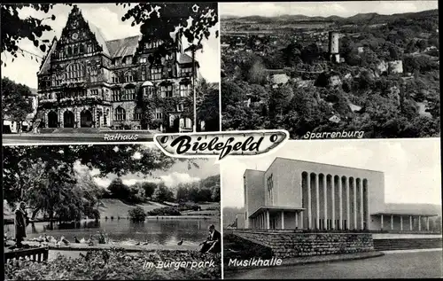 Ak Bielefeld in Nordrhein Westfalen, Rathaus, Sparrenburg, Bürgerpark, Musikhalle