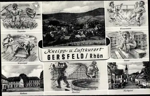 Ak Gersfeld in der Rhön Hessen, Gesamtansicht, Moorbad, Rathaus, Sauna, Wassertreten, Wasserguß