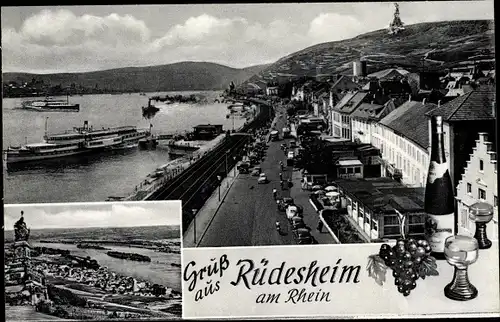 Ak Rüdesheim am Rhein, Promenade, Häuser, Gesamtansicht, Wein, Dampfer