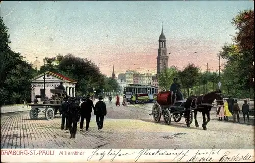Ak Hamburg Mitte St. Pauli, Blick aufs Millerntor, Straßenbahn, Kutsche