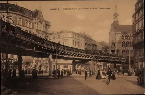 Ak Hamburg Mitte Altstadt, Rödingsmarkt, Graskeller Ecke, Hochbahn