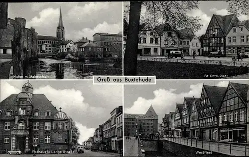 Ak Buxtehude in Niedersachsen, Rathaus, Lange Straße, Hafen, Malerschule, St. Petri Platz