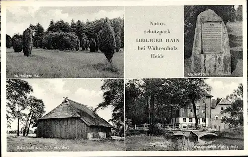 Ak Wahrenholz Niedersachsen, Heiliger Hain, Gedenkstein, Schafstall, Wassermühle