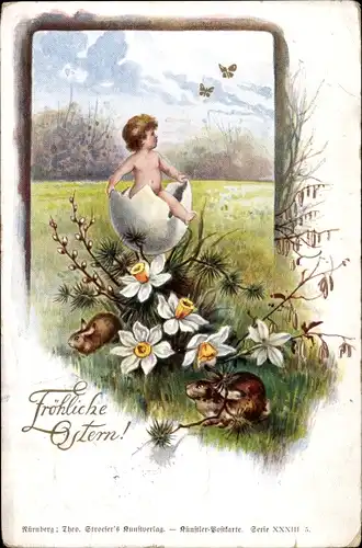 Ak Glückwunsch Ostern, Kind steigt aus Eierschale, Hasen, Narzissen