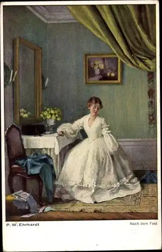 Künstler Ak Ehrhardt, P. W., Nach dem Fest, Frau in weißem Ballkleid