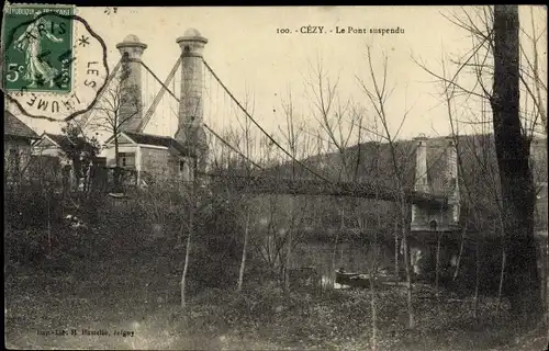 Ak Cézy Yonne, Le Pont suspendu