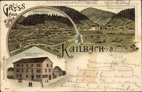 Litho Kailbach im Odenwald Oberzent, Gasthaus zur Waldeslust, Blick auf den Ort