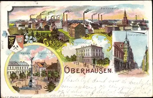 Litho Oberhausen im Ruhrgebiet, Marktplatz, Siegessäule, Rathaus, Friedrich Carl Straße